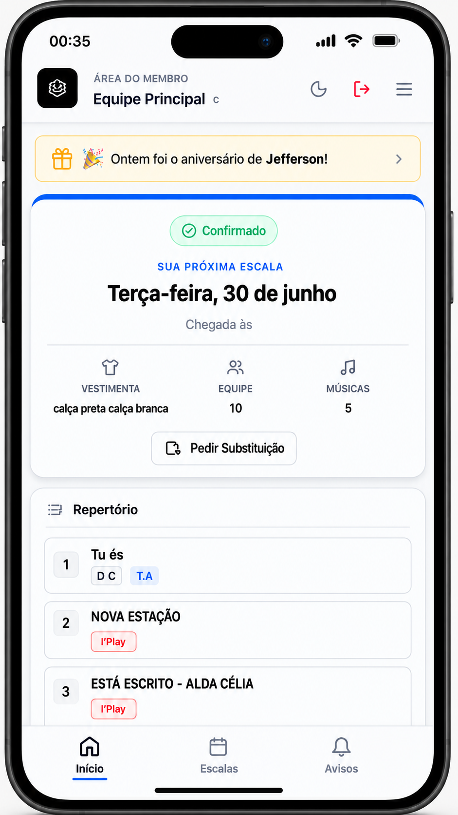 Aplicativo do Integrante Organize Escala